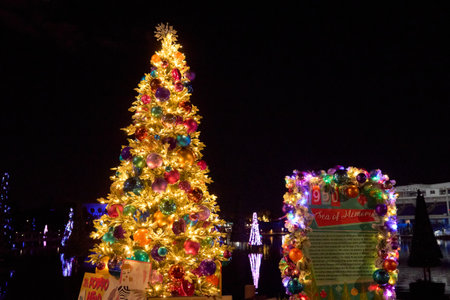 Orlando, Florida, USA - 11.17.2024: A glowing golden Christmas tree stands by the water with colorful ornaments and reflections. Bright lights and decorations create a joyful holiday display.のeditorial素材