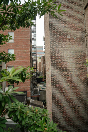 A tight urban alley framed by tall brick buildings reveals fire escapes, rooftops, and city...