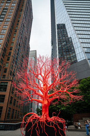 New York City, New York, USA - 08.02.2024: A vivid red tree art installation rises in a Manhattan...