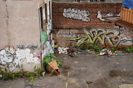 New York City, New York, USA - 08.02.2024: An abandoned lot filled with graffiti-covered walls and...