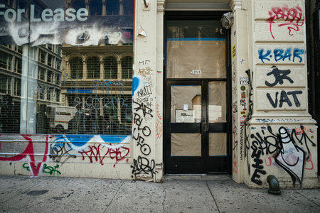 New York City, New York, USA - 08.03.2024: A vacant storefront with a For Lease sign and graffiti covered facade stands in SoHo, New York City. Reflections of historic cast iron buildings appear in the large window creating an urban street atmosphere.のeditorial素材