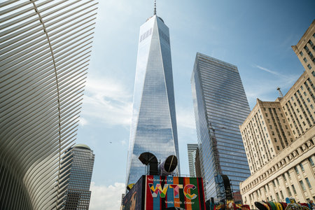 New York City, New York, USA - 08.03.2024: One World Trade Center rises above the Oculus...