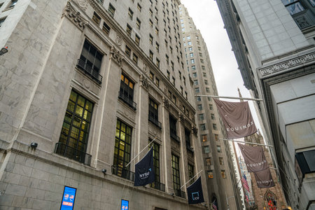 New York City, New York, USA - 08.03.2024: Historic New York Stock Exchange building stands along...