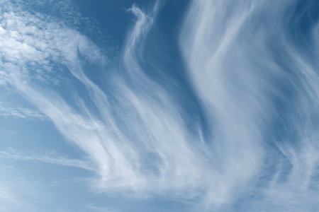 White feathery fluffy clouds on a blue sky, background and texture