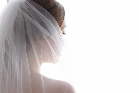Silhouette of the bride from the back close-up, head and shoulders, on a white background. Space for textの写真素材