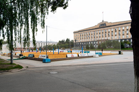 ORYOL (OREL), RUSSIA - JUNE 16, 2019. Volleyball court on the main square of the cityのeditorial素材