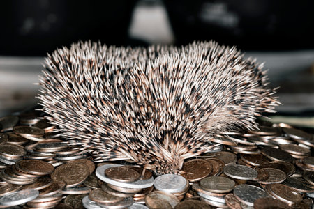 Scalp of a hedgehog on a pile of coins, macro photography. Money hedgehog.の写真素材