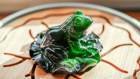 Tea figurine green plastic frog, teapet on a tea tray. Attribute of the Chinese tea ceremony, a macro image with blurred background.の写真素材