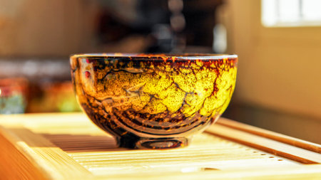 Ceramic yellow-brown Chinese tea bowl, close-up shot with blurred background.の写真素材