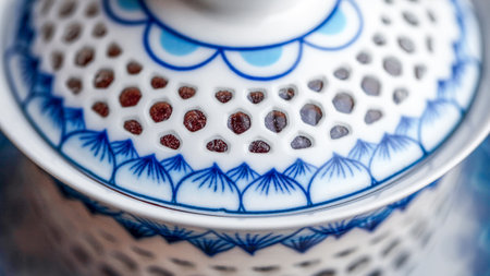 Tea drinking attribute in Chinese style gaiwan composite material. White with blue porcelain pattern...