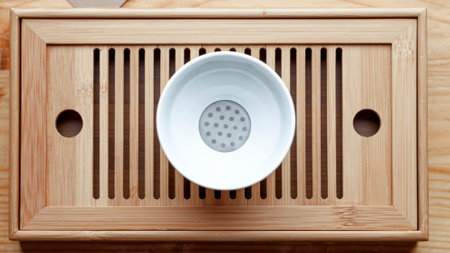 Ceramic white sieve, attribute of Chinese tea ceremony on the wooden bamboo Chinese tea tray,...