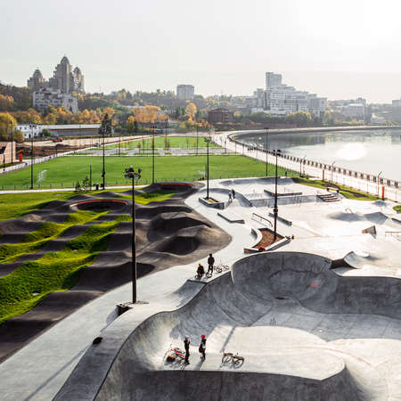 KAZAN, RUSSIA - OCTOBER 07, 2020: Uram Extreme Park, ramps for skateboarding and BMX, teenagers skate.
