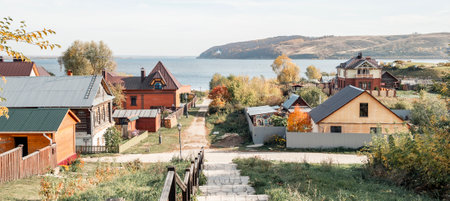 Descending the stairs on the island of Sviyazhsk. View of the Russian village and the Volga River.の写真素材