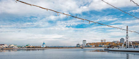 A wide panorama of the city of Cheboksary. Cheboksary Bay, the Volga River, the Ferris wheel.の写真素材