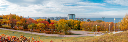 A wide fall panorama of the city of Cheboksary. View of the city and the Volga River.の写真素材