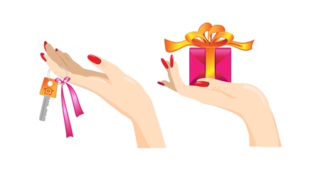 woman hands with key and present のイラスト素材