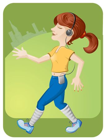 running girl with headphones town on background のイラスト素材