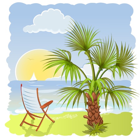 sea beach with palm and chairのイラスト素材