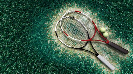 tennis racquet and tennis balls on the tennis courtの写真素材