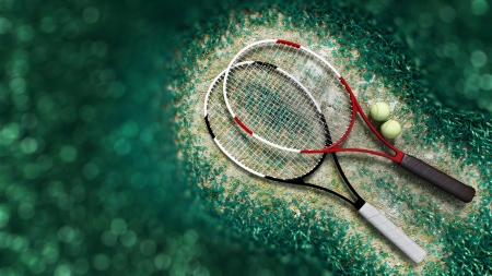 tennis racquet and tennis balls on the tennis courtの写真素材