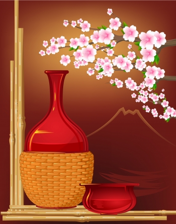 japan tradition style with sake,flowers,bambooのイラスト素材