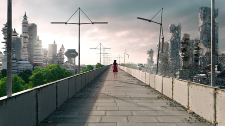 Apocalyptic concept background of futuristic and destroyed cityの写真素材