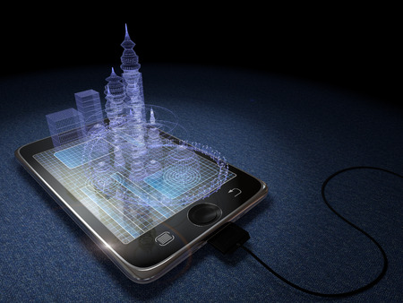 Digital tablet and futuristic town as progress concept backgroundの写真素材
