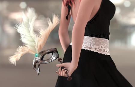 close up of beautiful young woman with ancient carnival maskの写真素材