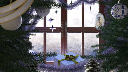 Christmas tree with gifts,window and clock concept compositionの写真素材