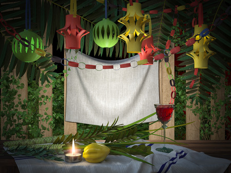 Symbols of the Jewish holiday Sukkot with palm leaves and candleの写真素材