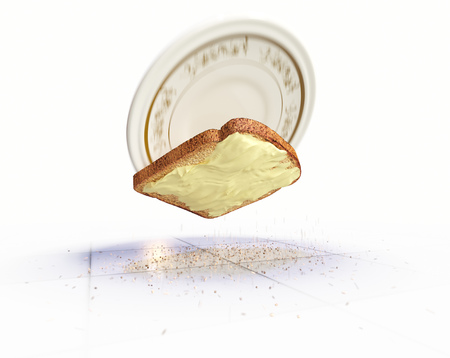 Bread and butter falling on the floor concept isolate backgroundの写真素材