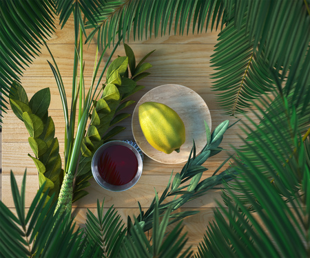Symbols of the Jewish holiday Sukkot with palm leaves and glass wine 3D illustration