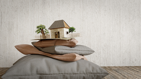 pillows collection and toy house from paper concept compositionの写真素材