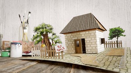 house from painted paper real estate sale business concept photoの写真素材