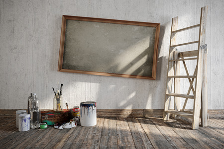 Artistic home interior repairing concept composition with place for log.