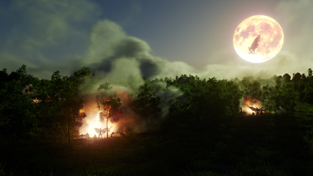 helloween witches in forest mystery with bonfires concept background illustrationの写真素材