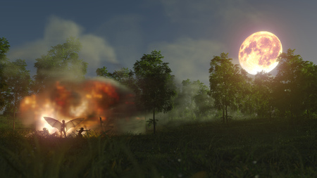 helloween witches in forest mystery with bonfires concept background 3d illustration,3d renderingの写真素材