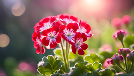 Geranium flowers in the sunlight, close-up, selective focusの素材