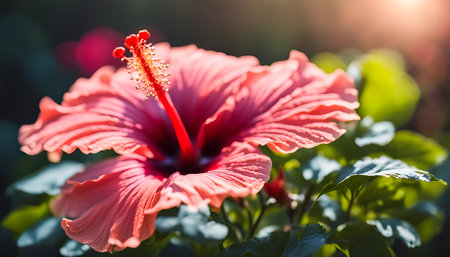 Pink hibiscus flower with sunlight in the morning. (Hibiscus rosa sinensis)の素材