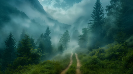 Panoramic view of foggy forest in the Carpathian mountainsの素材