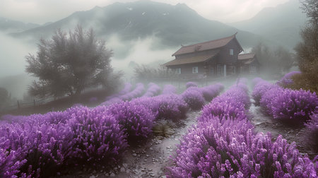 Lavender field in a foggy morning in the mountains.の素材