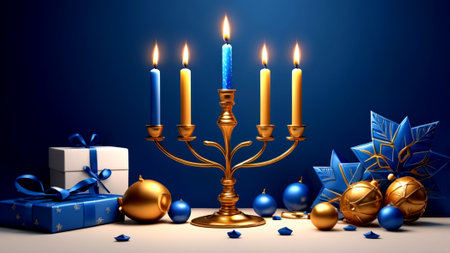 3d illustration of jewish holiday Hanukkah with menorah (traditional candelabra) and giftsの素材