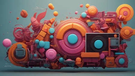 3D rendering of an abstract background with a lot of colorful objectsの素材