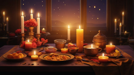Beautiful spa composition with burning candles on table in room, closeupの素材