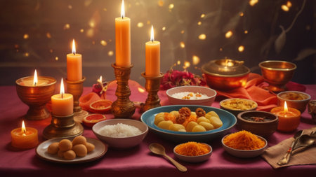 Beautiful spa composition with aroma candles and flowers on color background, closeupの素材