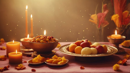 Spa still life with fruits, candles and flowers on dark backgroundの素材
