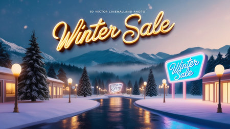 Winter sale banner with winter landscape in the background. 3D Renderingの素材