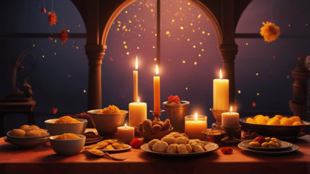 Burning candles on the table with dates, candied fruits and nuts.の素材