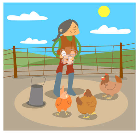 editable cartoon image of a person with her chickens in a ranchのイラスト素材