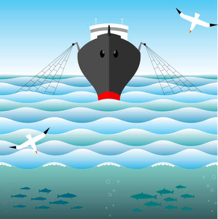 Fishing trawler on the high seas and albatross in sky.のイラスト素材